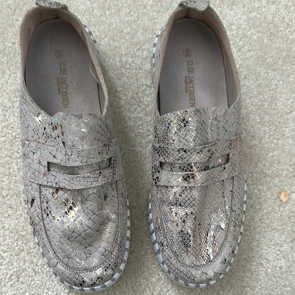 Ilse Jacobsen Metallic Snakeskin Slip-Ons
